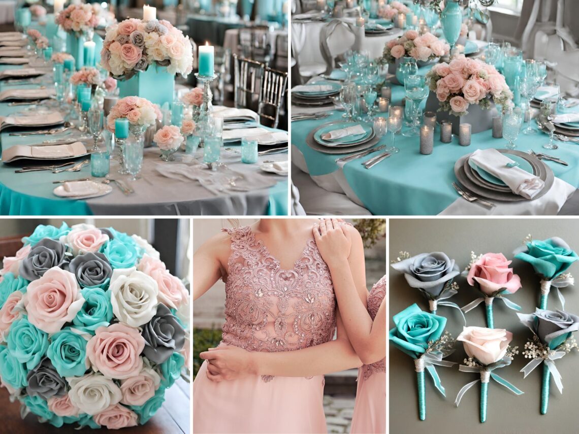 A photo collage of tiffany blue and dusty pink wedding color ideas.