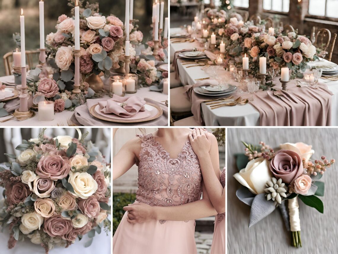 A photo collage of mauve, dusty pink, and beige wedding color ideas.