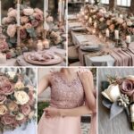 A photo collage of mauve, dusty pink, and beige wedding color ideas.