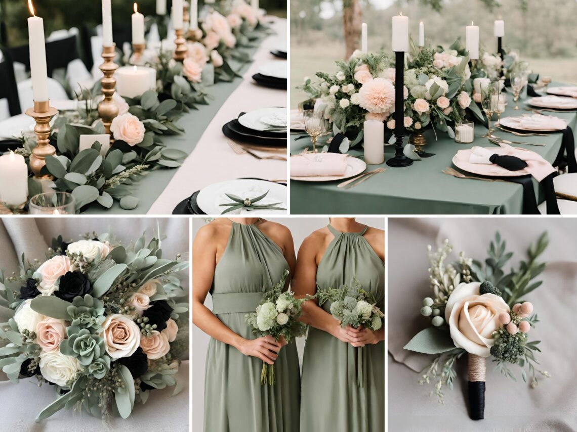 A photo collage of sage green, blush pink, and black wedding color ideas.