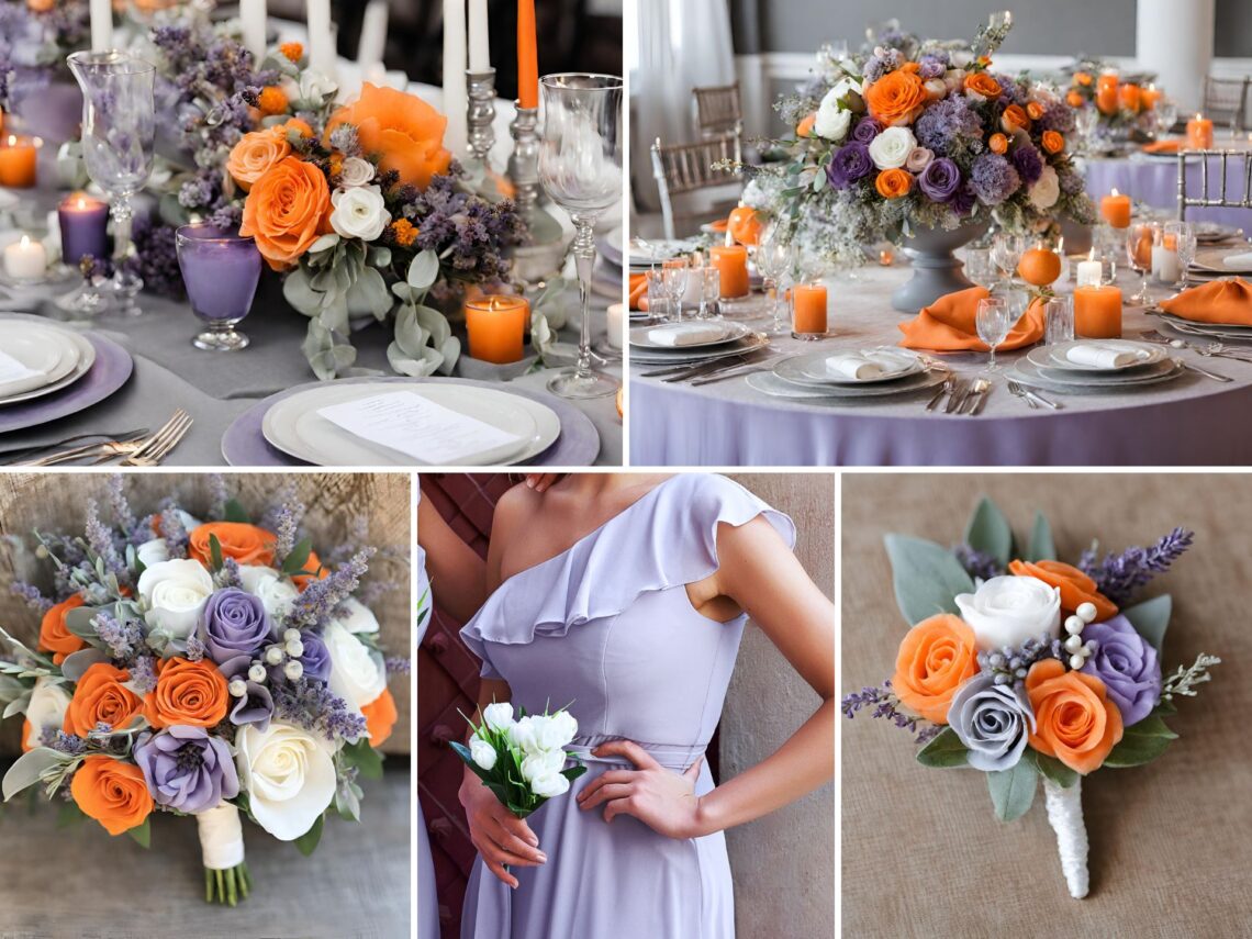 A photo collage of orange, lavender, and gray wedding color ideas.