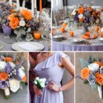 A photo collage of orange, lavender, and gray wedding color ideas.