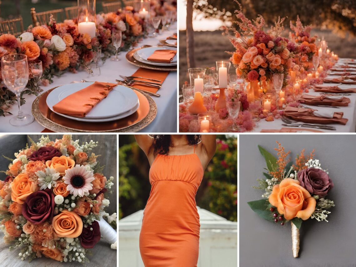 A photo collage of sunset themed wedding color ideas.
