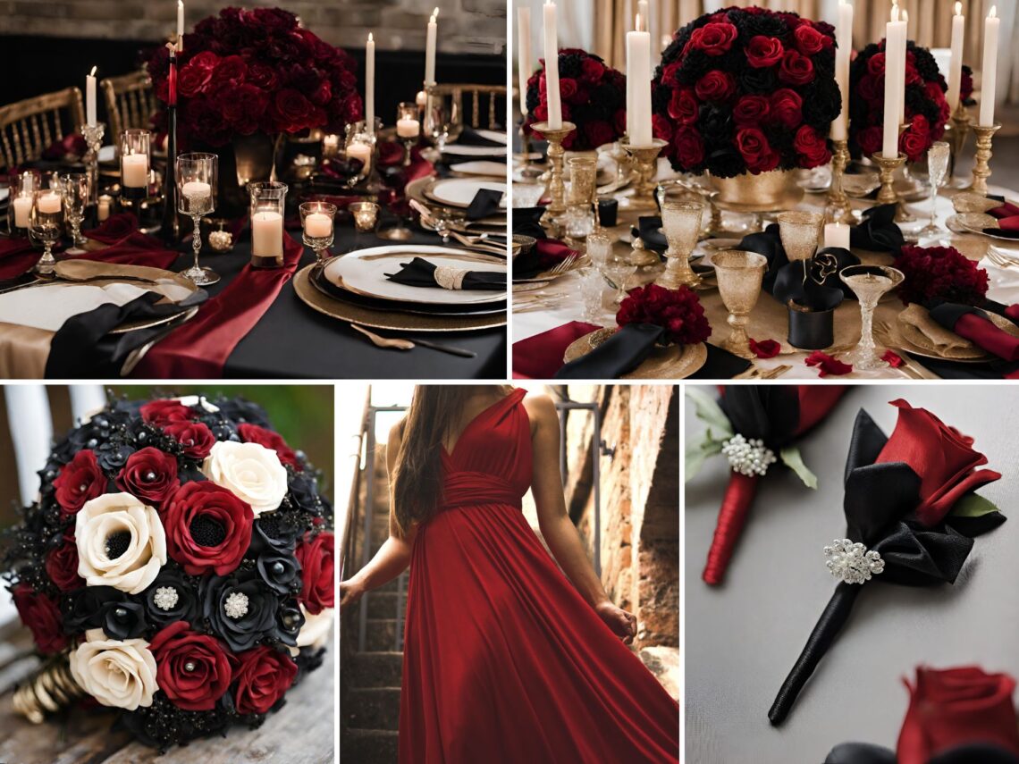 A photo collage of deep red, champagne, and black wedding color ideas.