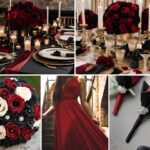 A photo collage of deep red, champagne, and black wedding color ideas.