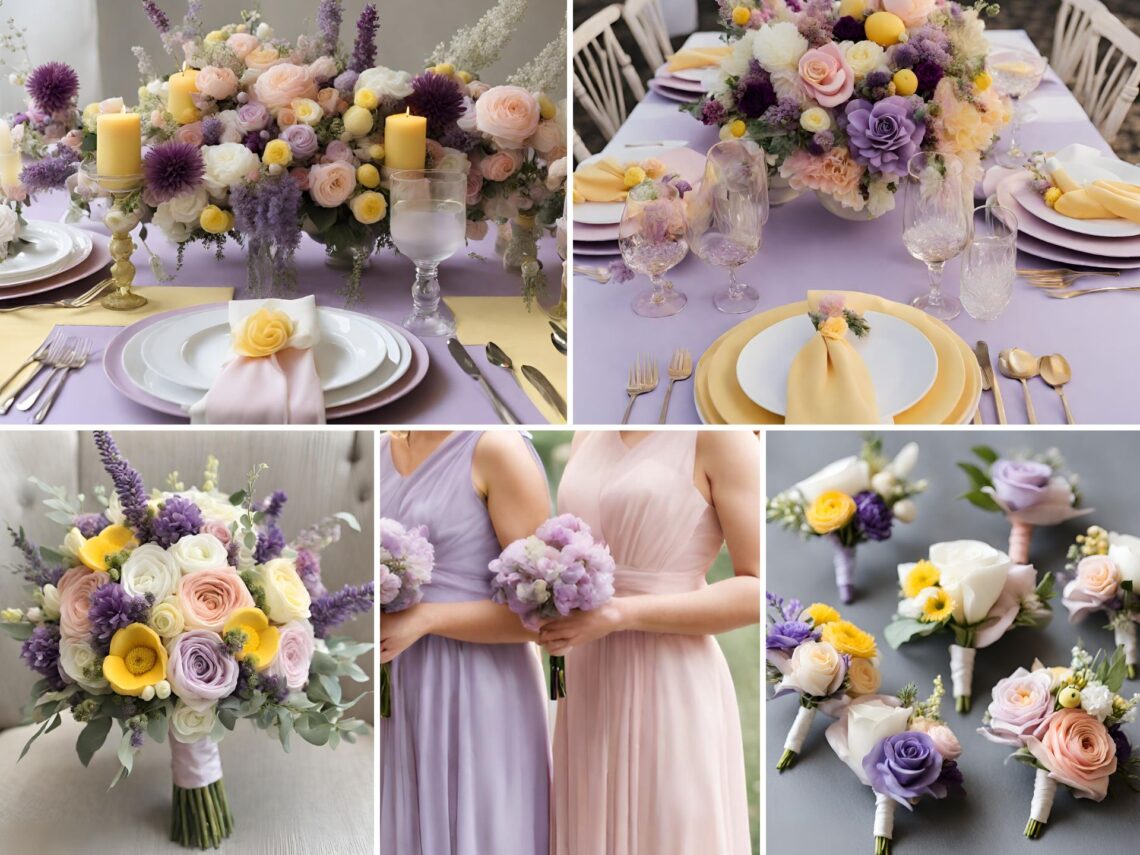 A photo collage with pastel purple, pink, and yellow wedding color ideas.