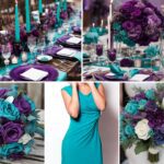 A photo collage of purple, teal blue, and white wedding color ideas.