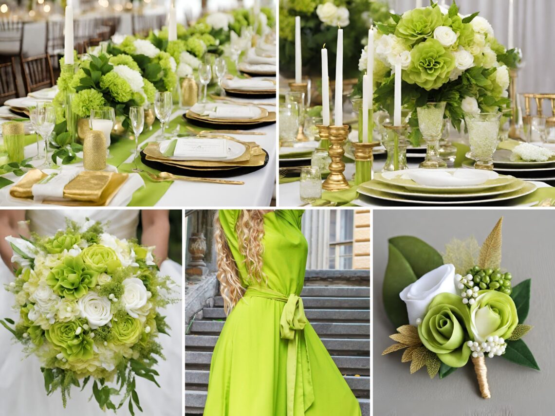 A photo collage with lime green, gold, and white wedding color ideas.