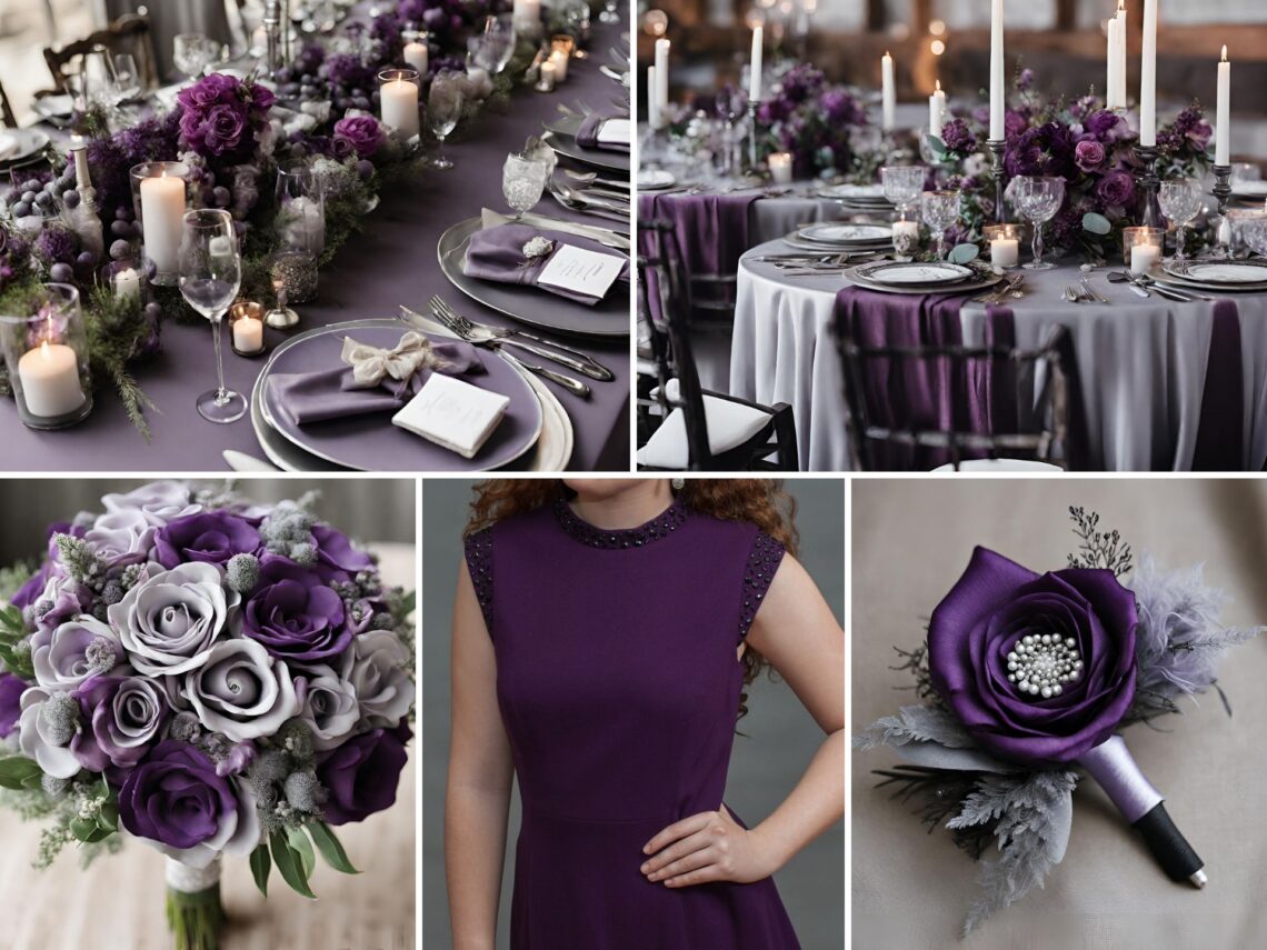 A photo collage of dark purple, lavender, and gray wedding color ideas.