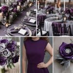 A photo collage of dark purple, lavender, and gray wedding color ideas.