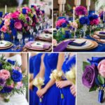 A photo collage of royal blue, purple, pink, and green wedding color ideas.