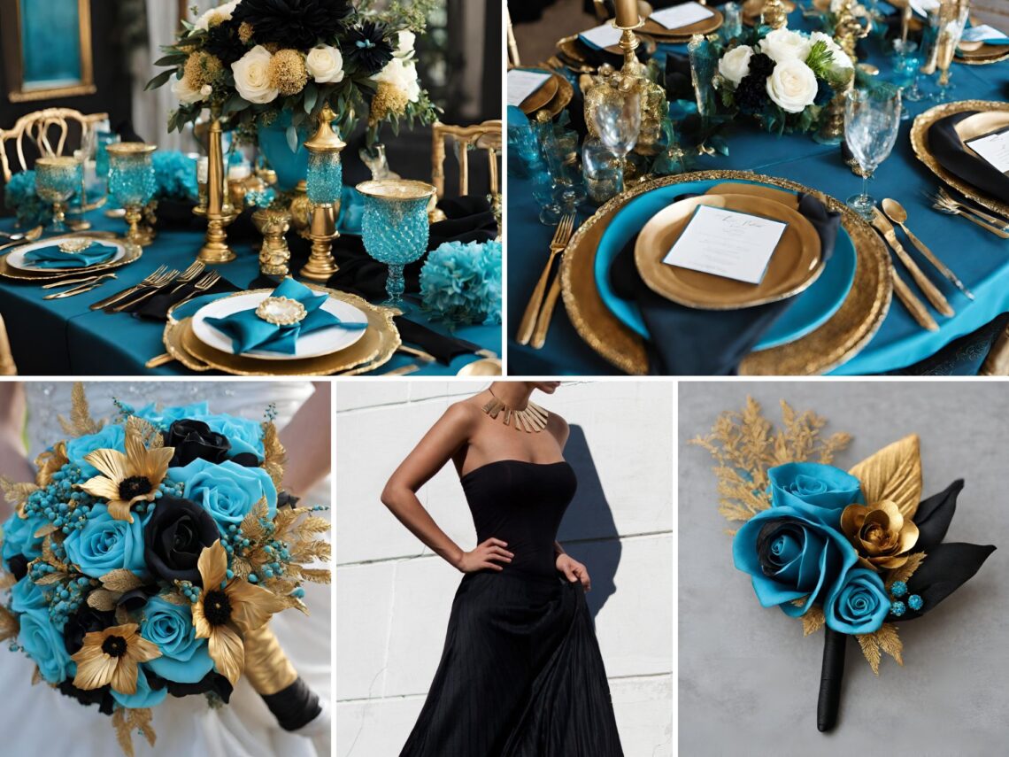 A photo collage of teal blue, gold, and black wedding color ideas.