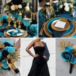 A photo collage of teal blue, gold, and black wedding color ideas.