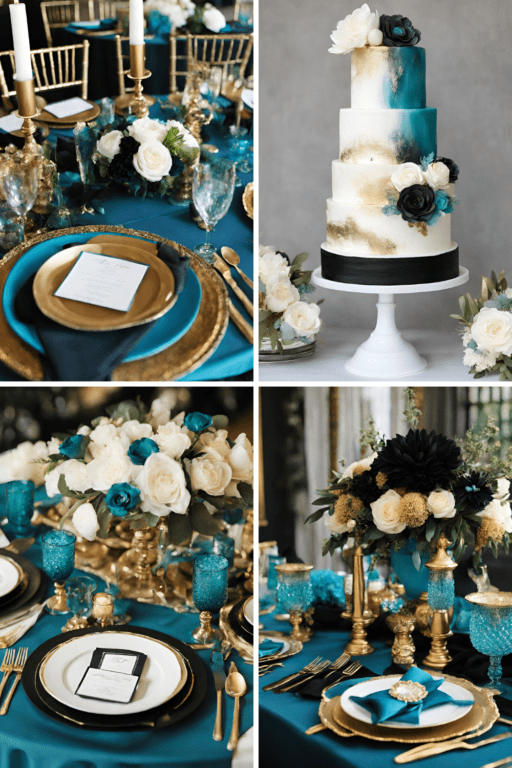 A photo collage of teal blue, gold, and black wedding color ideas.