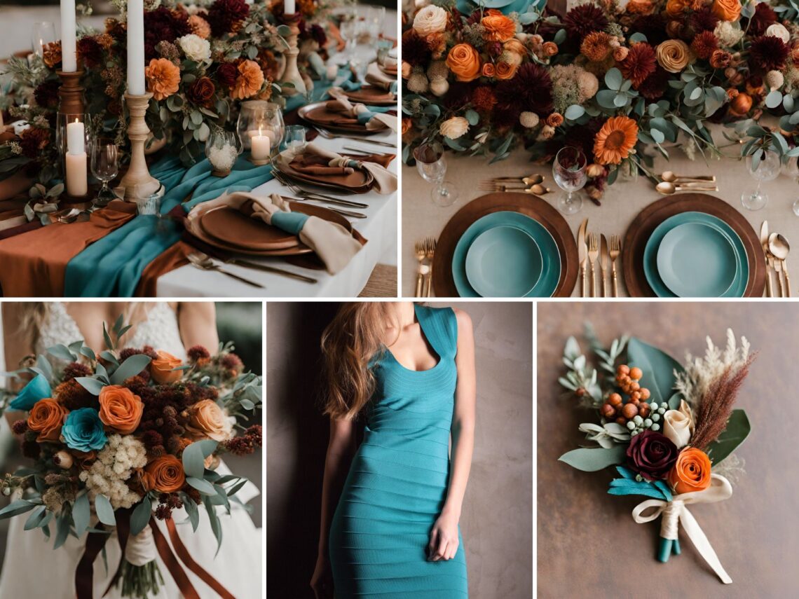 A photo collage with brown, beige, muted burgundy, rust orange wedding color ideas with a pop of turquoise.
