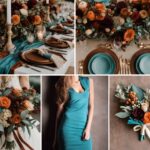 A photo collage with brown, beige, muted burgundy, rust orange wedding color ideas with a pop of turquoise.