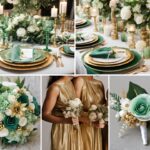 A photo collage of light emerald green and gold wedding color ideas.