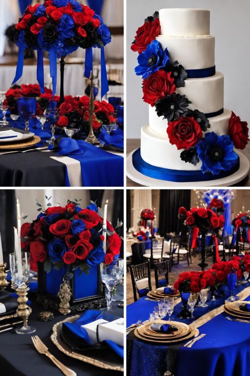 A photo collage with royal blue, red, and black wedding color ideas.