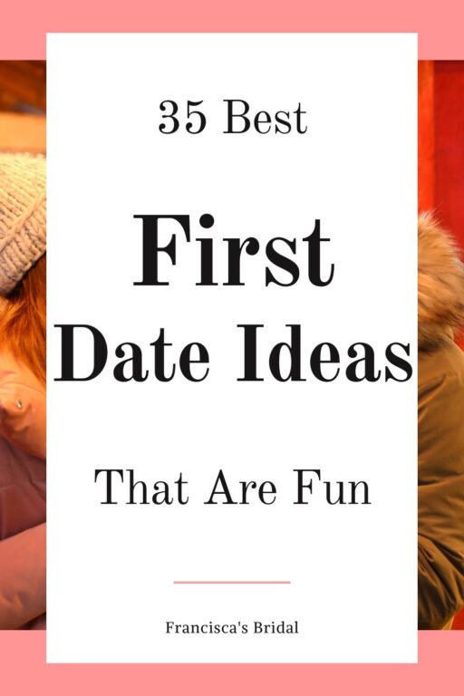 A couple at a coffee date with text best first date ideas.