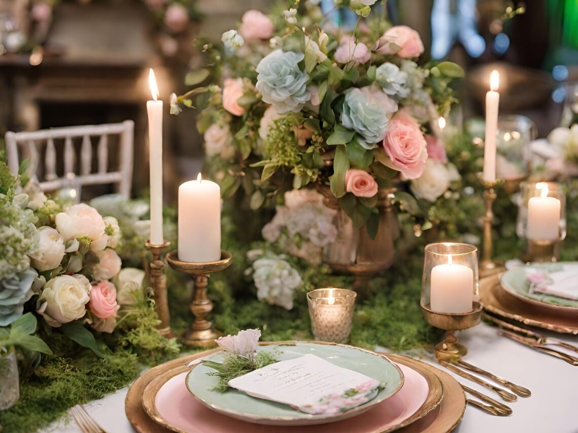 A spring wedding table with pastel green, pink, and blue flowers.
