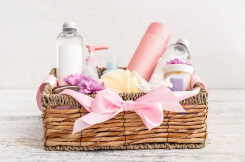 A spa themed wedding gift basket.