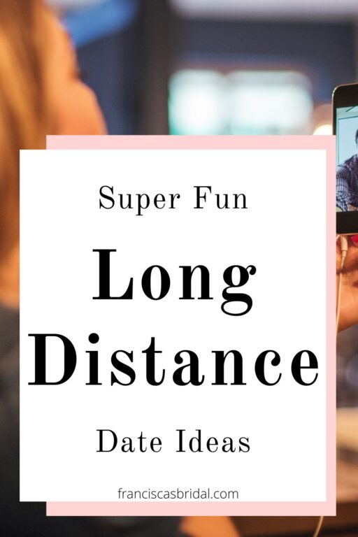 A long distance couple on a coffee date with text long distance date ideas.