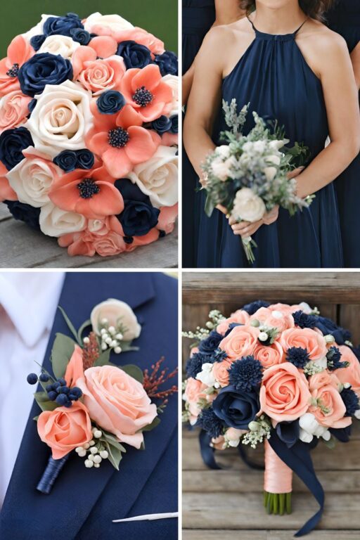 A photo collage of salmon pink and navy blue wedding color ideas.