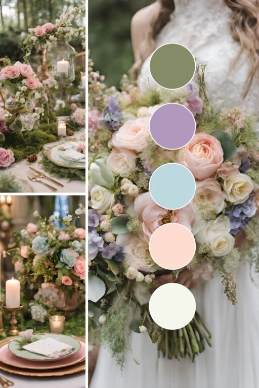 A photo collage of a garden spring wedding theme ideas.