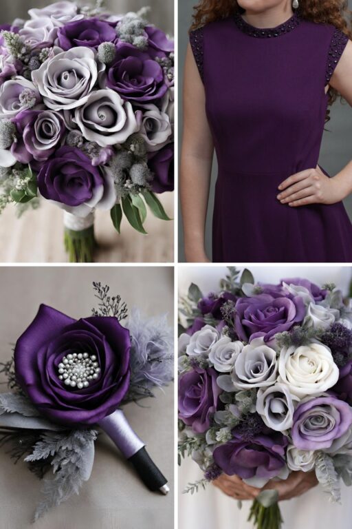 A photo collage of dark purple, lavender, and gray wedding color ideas.