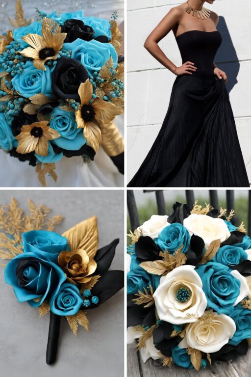 A photo collage of teal blue, gold, and black wedding color ideas.