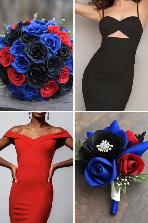 A photo collage with royal blue, red, and black wedding color ideas.