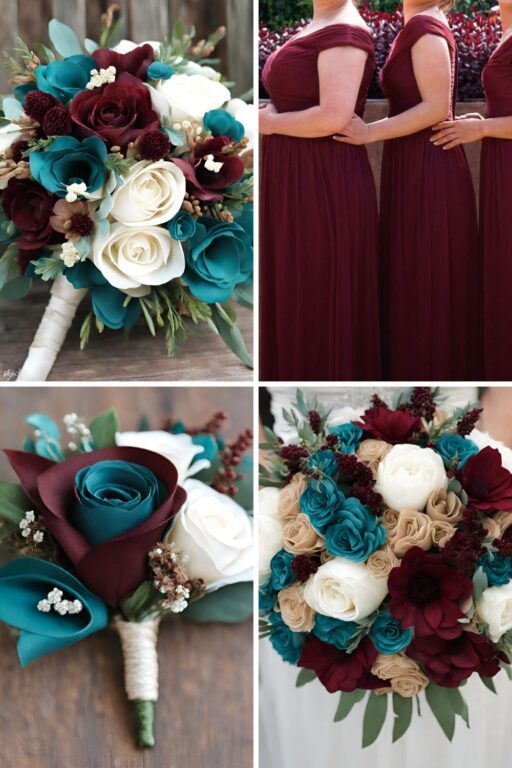 A photo collage of burgundy, dark teal, and tan wedding color ideas.