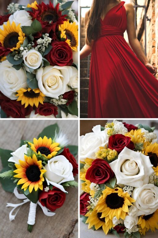 A photo collage of sunflowers, white roses, and red roses wedding color ideas.