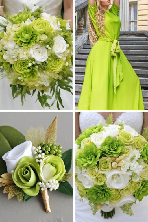 A photo collage with lime green, gold, and white wedding color ideas.