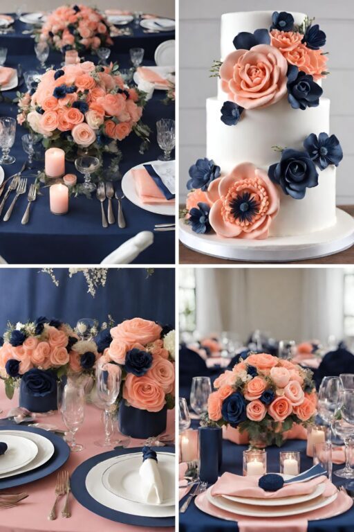 A photo collage of salmon pink and navy blue wedding color ideas.