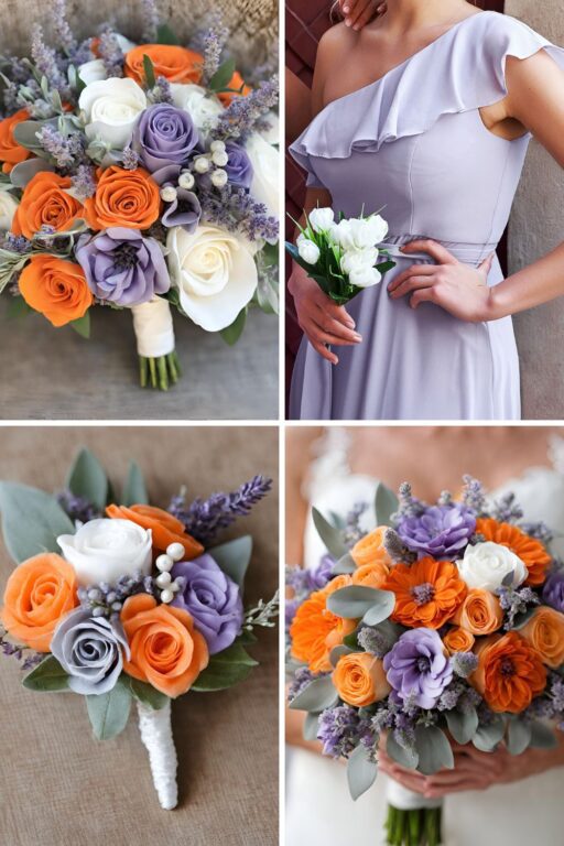 A photo collage of orange, lavender, and gray wedding color ideas.