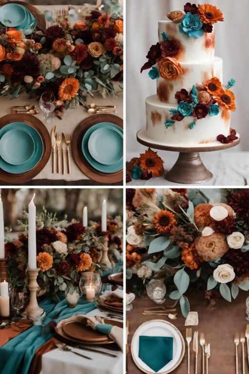 A photo collage with brown, beige, muted burgundy, rust orange wedding color ideas with a pop of turquoise.