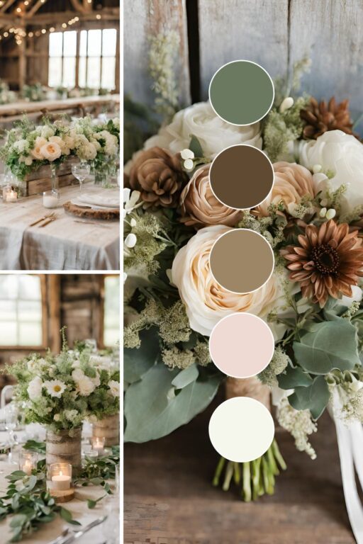 A photo collage of rustic barn themed wedding color ideas.