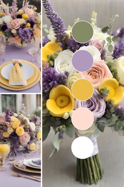 A photo collage of a pastel spring wedding theme ideas.