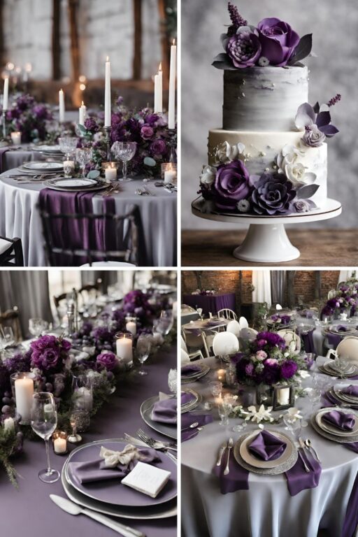 A photo collage of dark purple, lavender, and gray wedding color ideas.