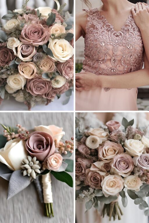 A photo collage of mauve, dusty pink, and beige wedding color ideas.