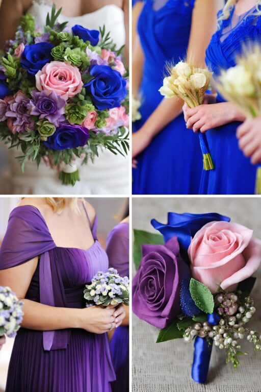 A photo collage of royal blue, purple, pink, and green wedding color ideas.