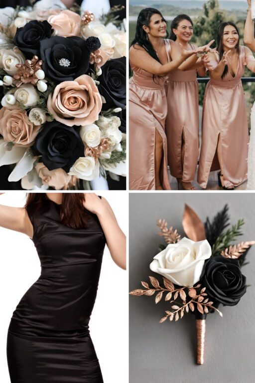 A photo collage of black, rose gold, and white wedding color ideas.