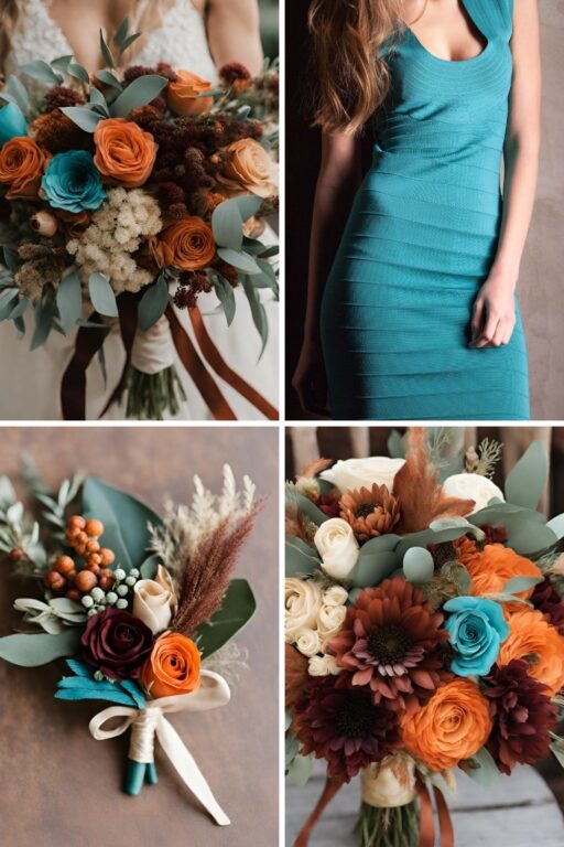 A photo collage with brown, beige, muted burgundy, rust orange wedding color ideas with a pop of turquoise.