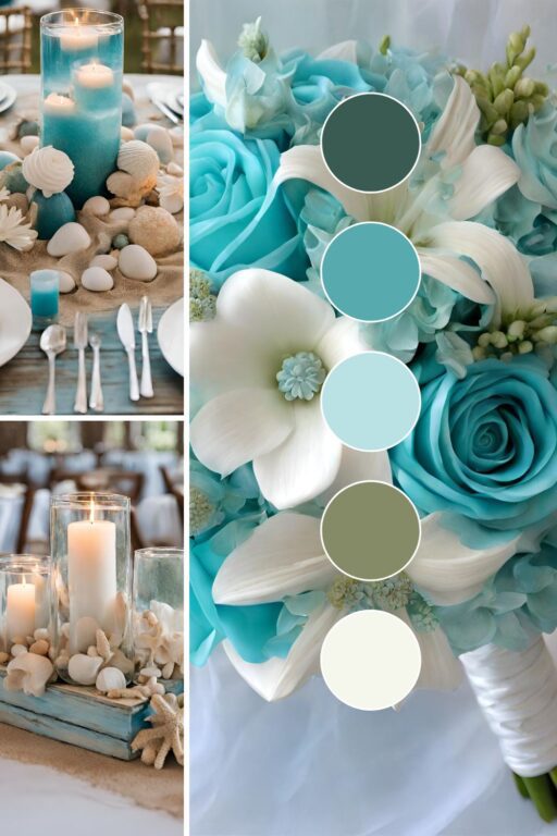 A photo collage of beach themed wedding color ideas.