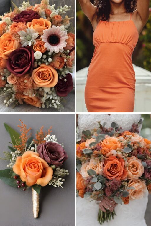 A photo collage of sunset themed wedding color ideas.