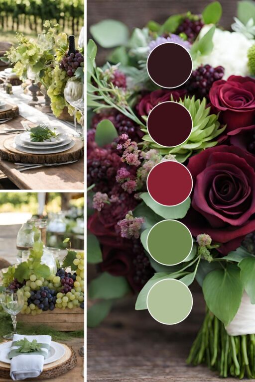 A photo collage of vineyard themed wedding color ideas.