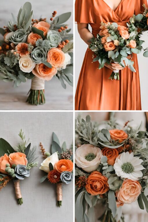 A photo collage with orange and sage green wedding color ideas.