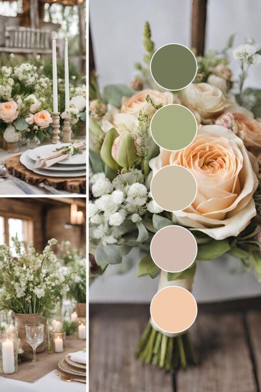 A photo collage of a rustic spring wedding theme ideas.