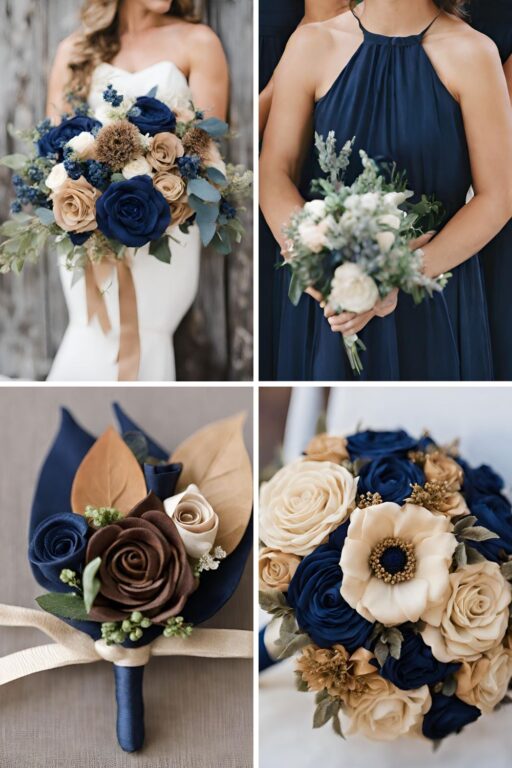 A photo collage of navy blue, brown, and gold wedding color ideas.